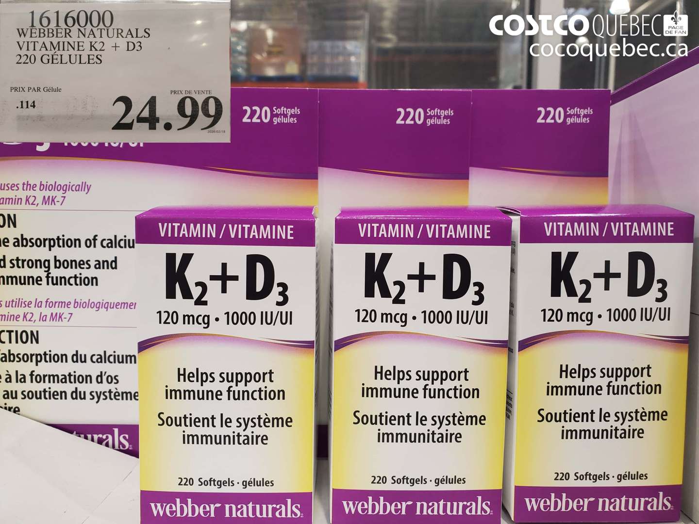 1616000 WEBBER NATURALS VITAMINE K2 + D3 220 GELULES $24.99