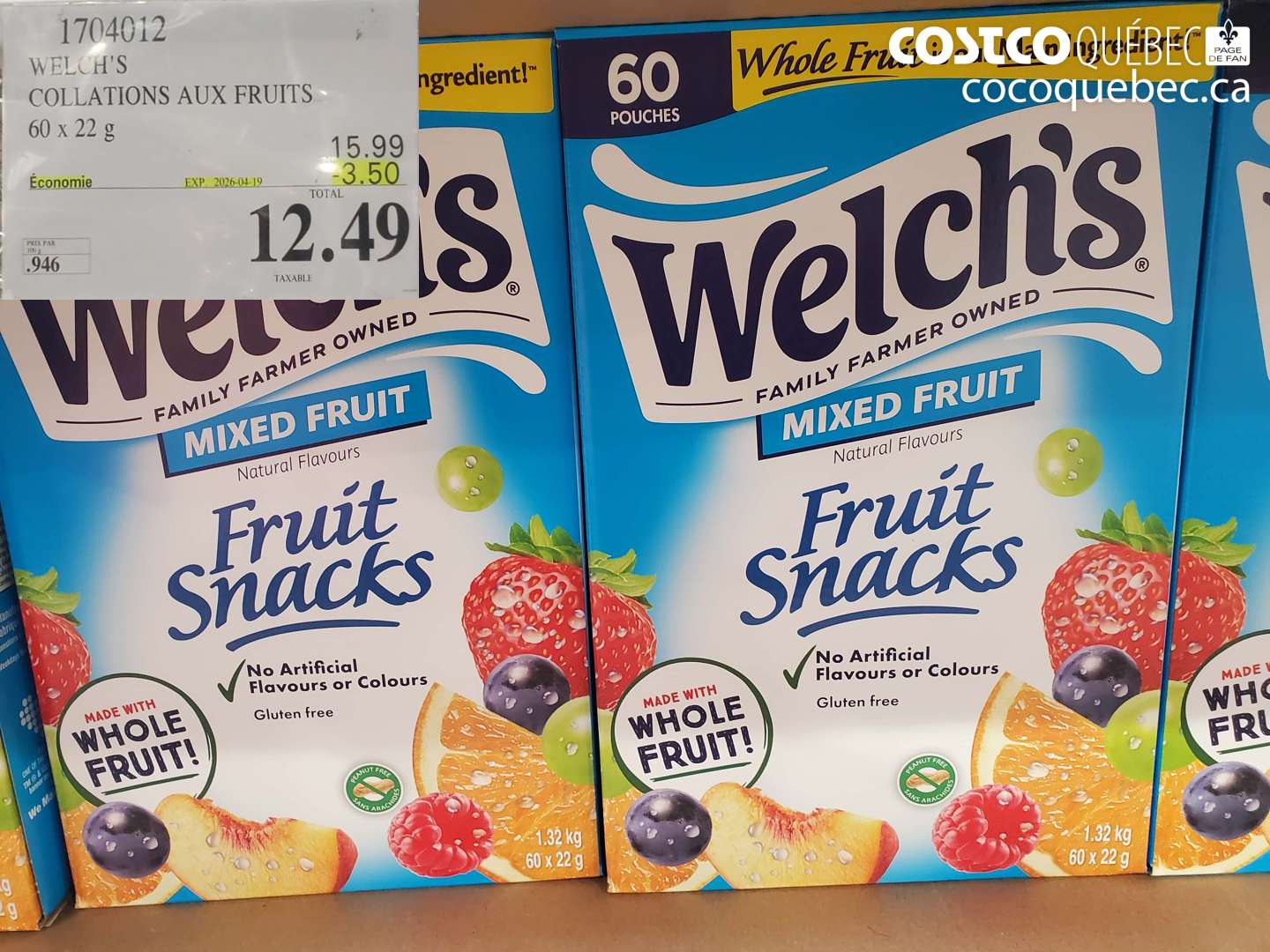 1704012 WELCH'S COLLATIONS AUX FRUITS 60 X 22 G ($3.50 INSTANT SAVINGS EXPIRES ON 2026-04-19) $12.49