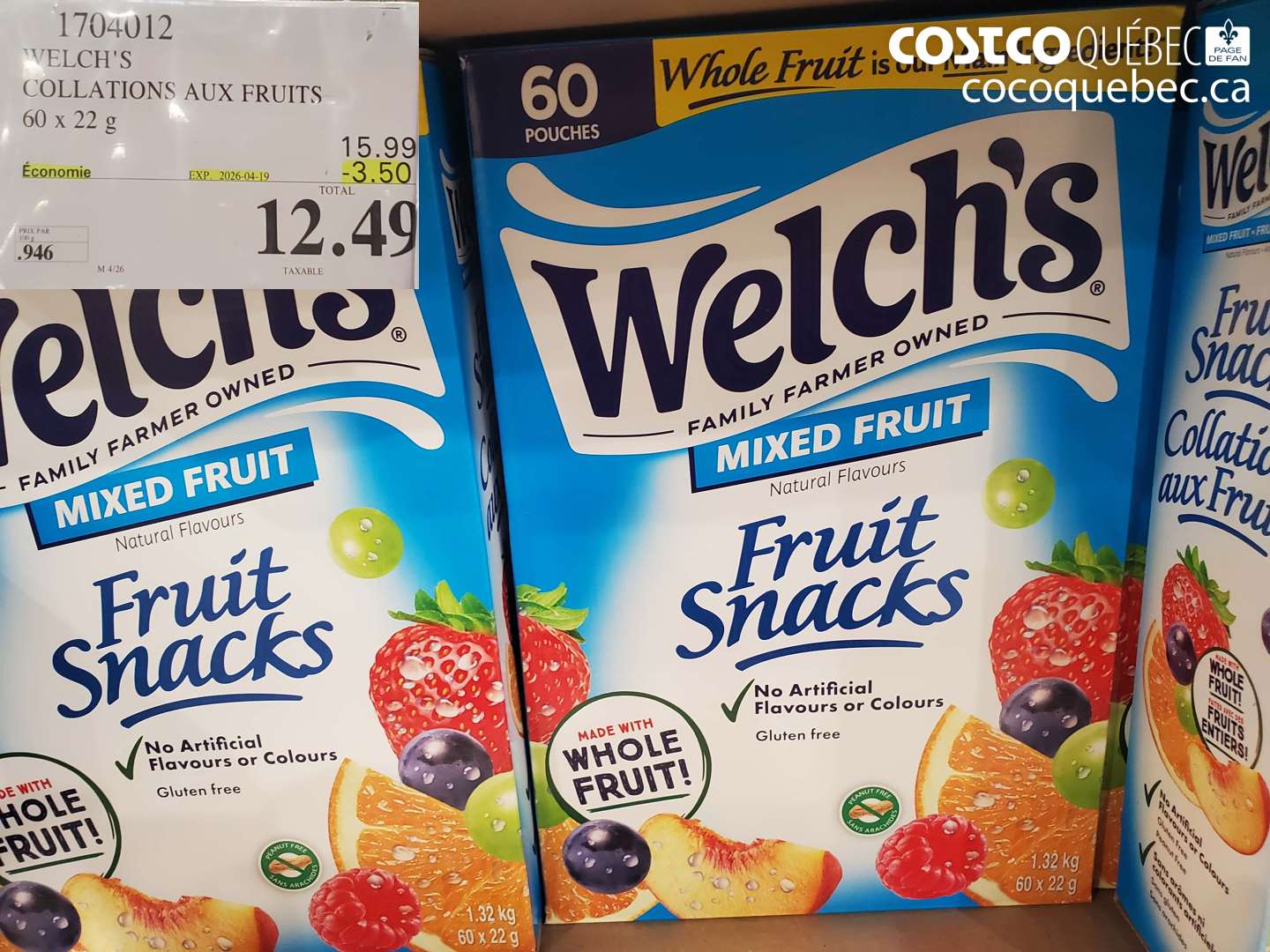 1704012 WELCH'S COLLATIONS AUX FRUITS 60 X 22 G ($3.50 INSTANT SAVINGS EXPIRES ON 2026-04-19) $12.49