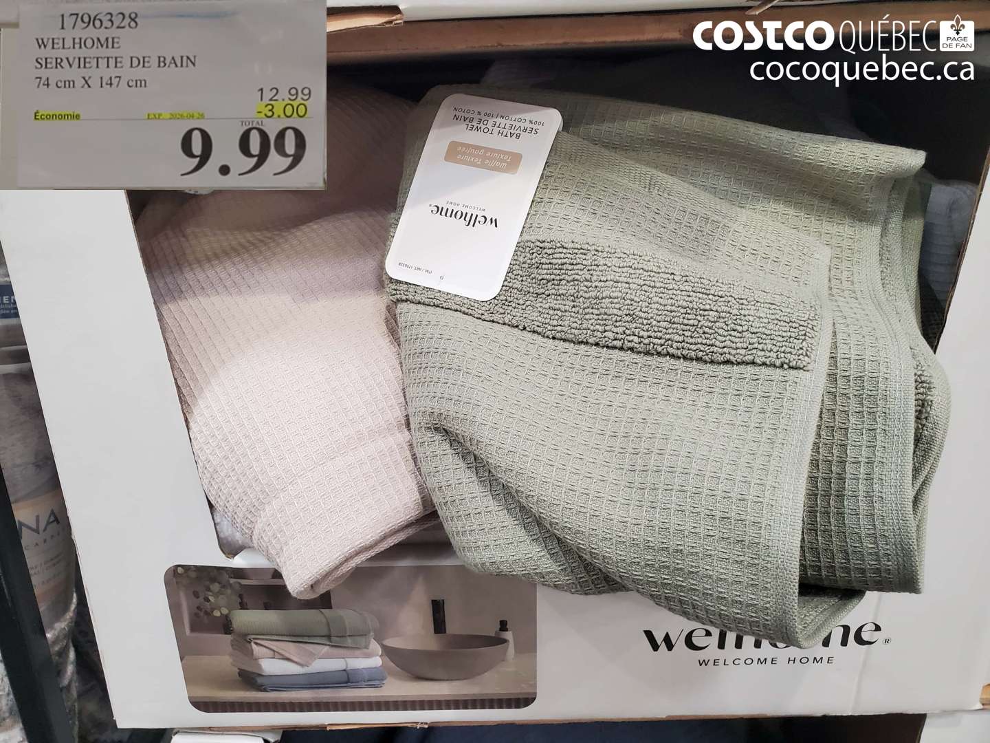 1796328 WELHOME SERVIETTE DE BAIN 74 CM X 147 CM ($3.00 INSTANT SAVINGS EXPIRES ON 2026-04-26) $9.99