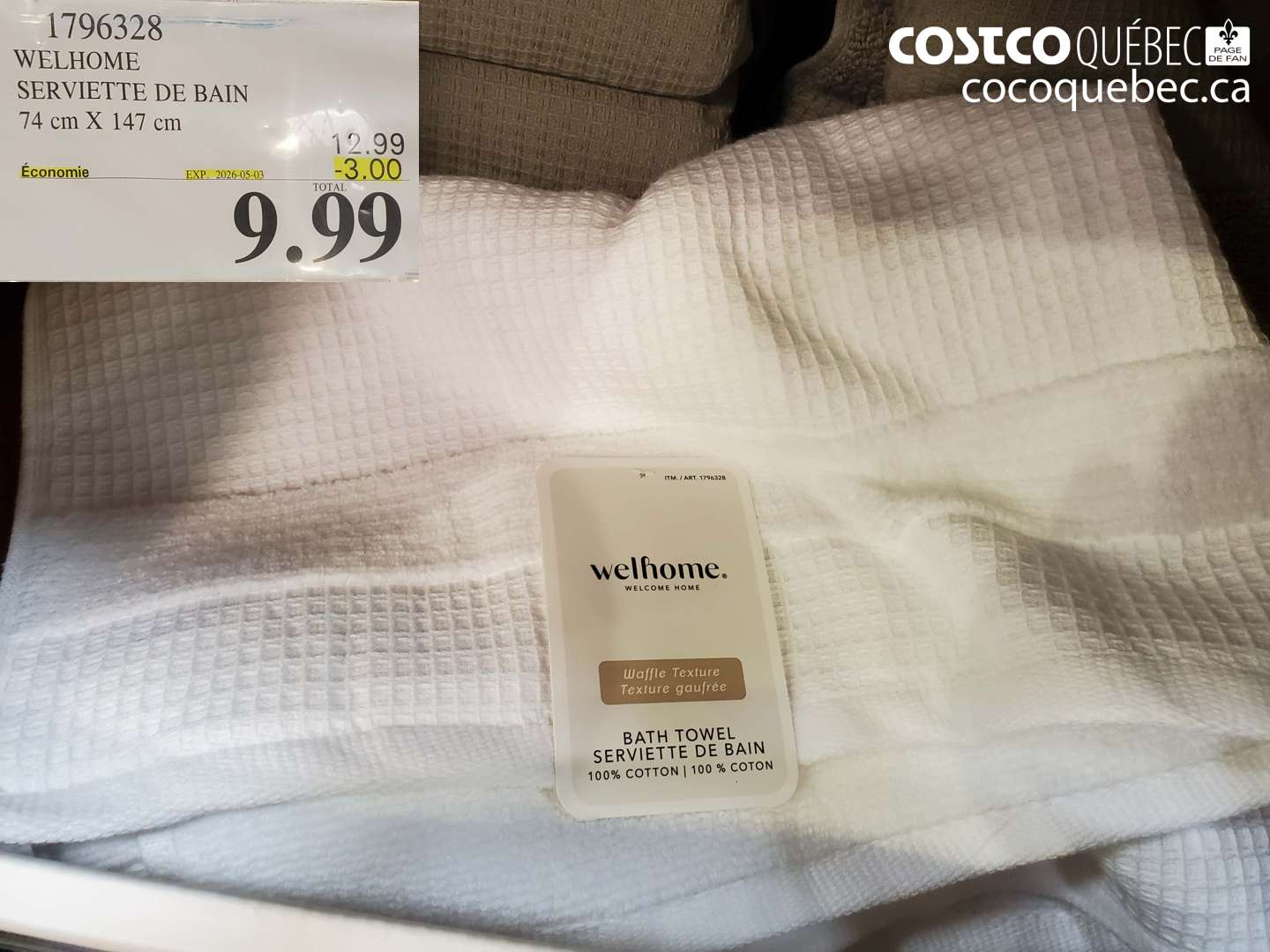1796328 WELHOME SERVIETTE DE BAIN 74 CM X 147 CM ($3.00 INSTANT SAVINGS EXPIRES ON 2026-05-03) $9.99