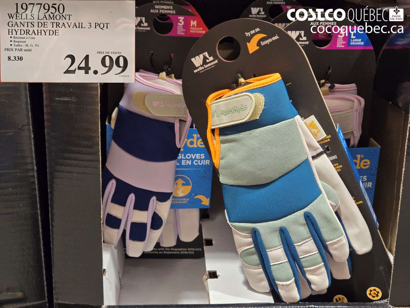 1977950 WELLS LAMONT GANTS DE TRAVAIL 3 PQT HYDRAHYDE $24.99