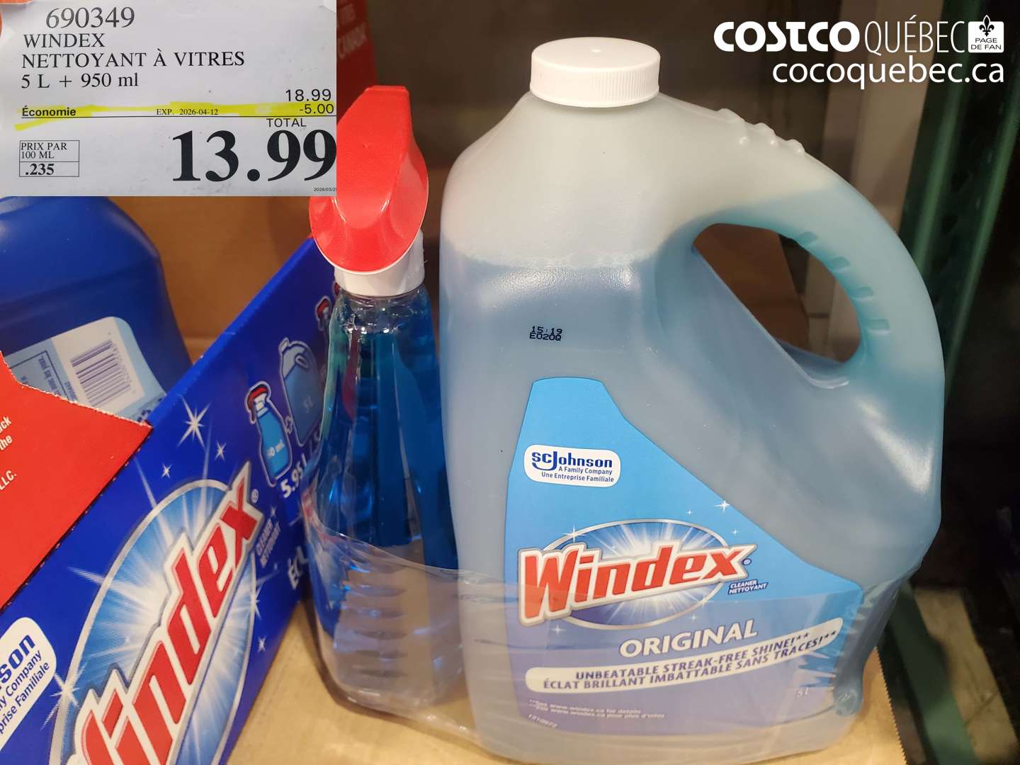 690349 WINDEX NETTOYANT À VITRES 5 L + 950 ML ($5.00 INSTANT SAVINGS EXPIRES ON 2026-04-12) $13.99