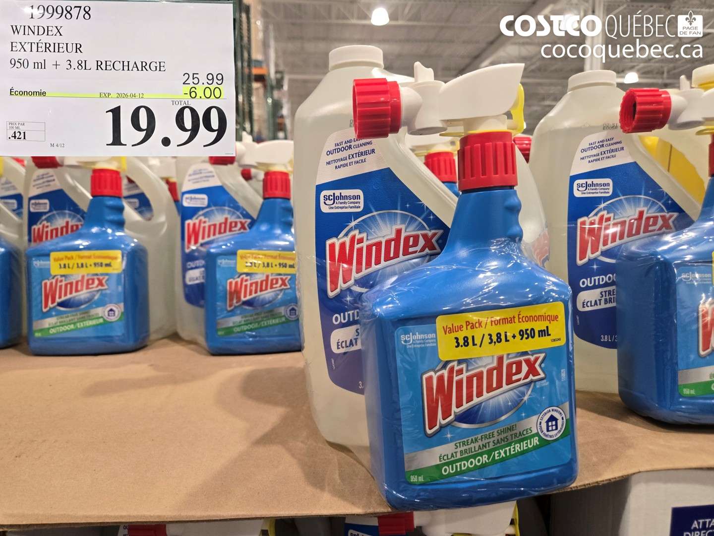 1999878 WINDEX EXTÉRIEUR 950 ML + 3.8L RECHARGE ($6.00 INSTANT SAVINGS EXPIRES ON 2026-04-12) $19.99