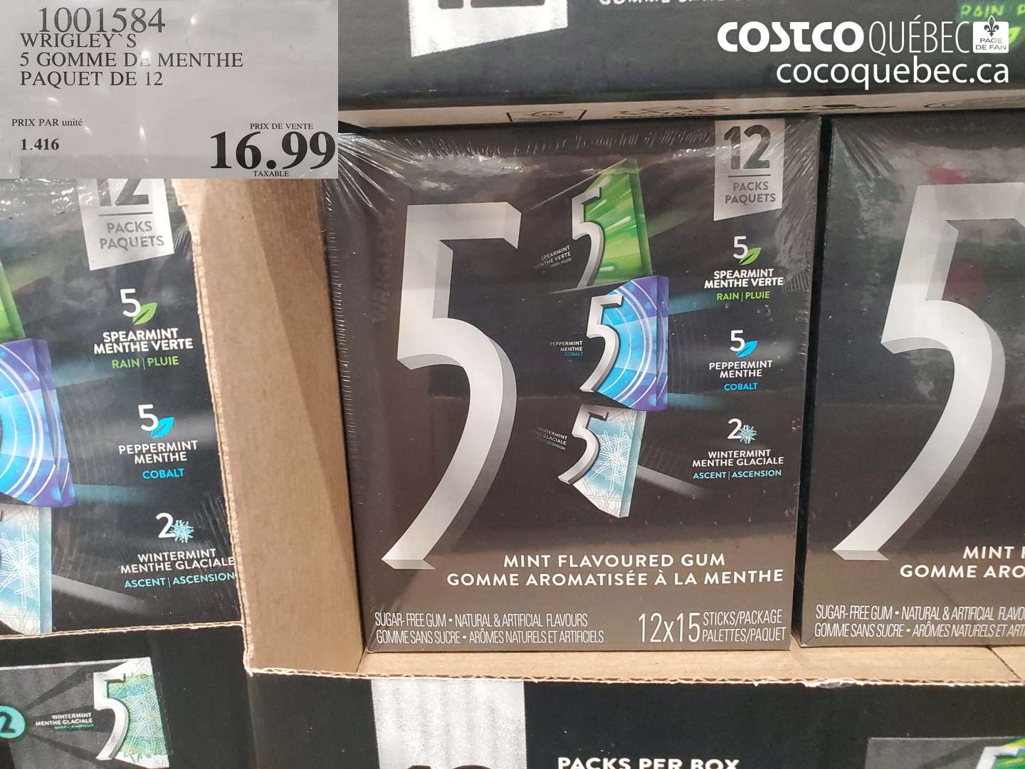 1001584 WRIGLEY'S 5 GOMME DE MENTHE PAQUET DE 12 $16.99