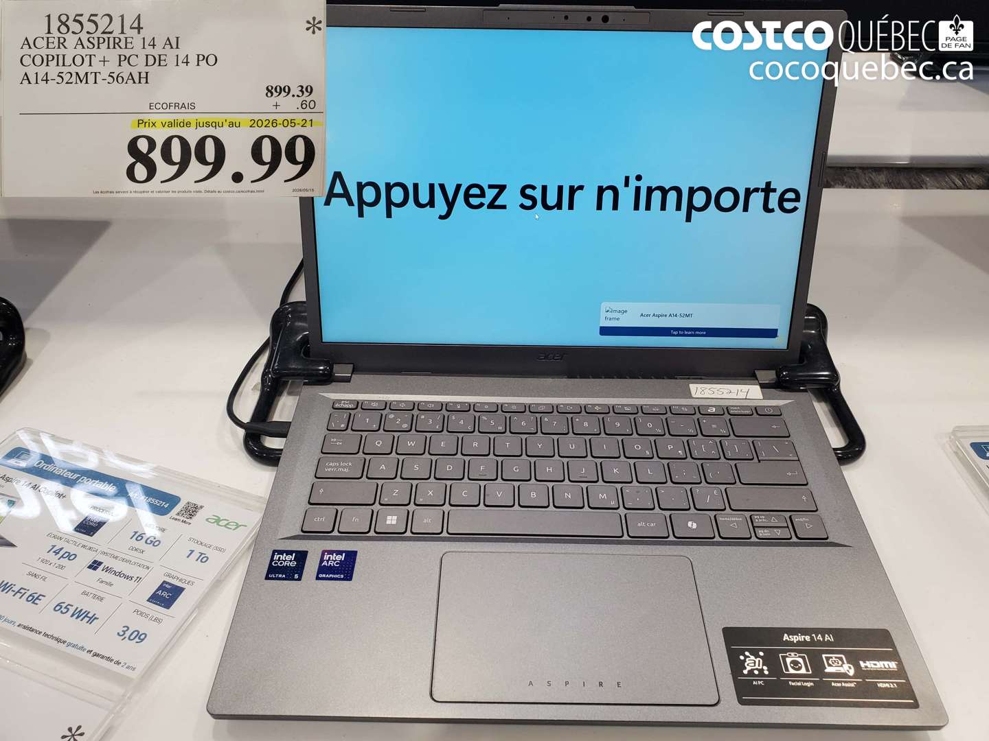 1855214 ACER ASPIRE 14 AI COPILOT+ PC DE 14 PO A14-52MT-56AH (EXPIRES ON 2026-05-21) $899.99