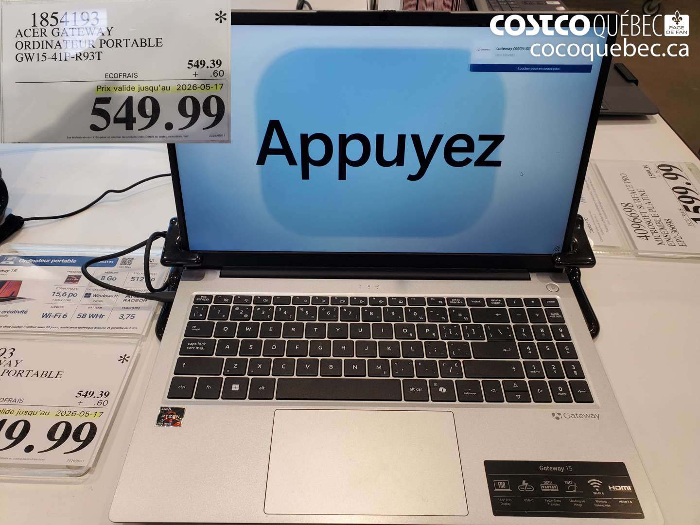 1854193 ACER GATEWAY ORDINATEUR PORTABLE GW15-41P-R93T (EXPIRES ON 2026-05-17) $549.99