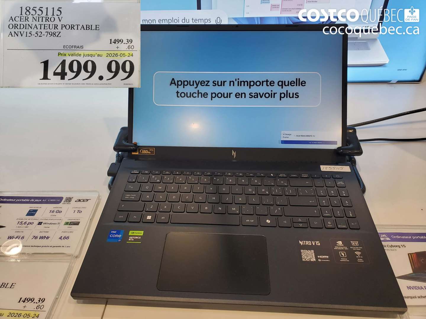 1855115 ACER NITRO V ORDINATEUR PORTABLE ANV15-52-798Z (EXPIRES ON 2026-05-24) $1499.99