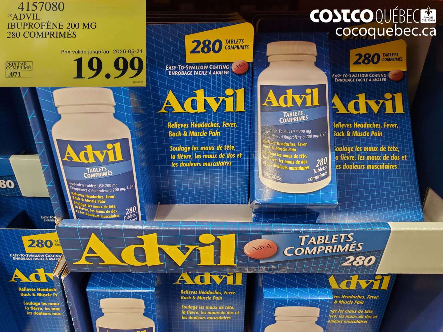 4157080 ADVIL IBUPROFÈNE 200 MG 280 COMPRIMÉS (EXPIRES ON 2026-05-24) $19.99