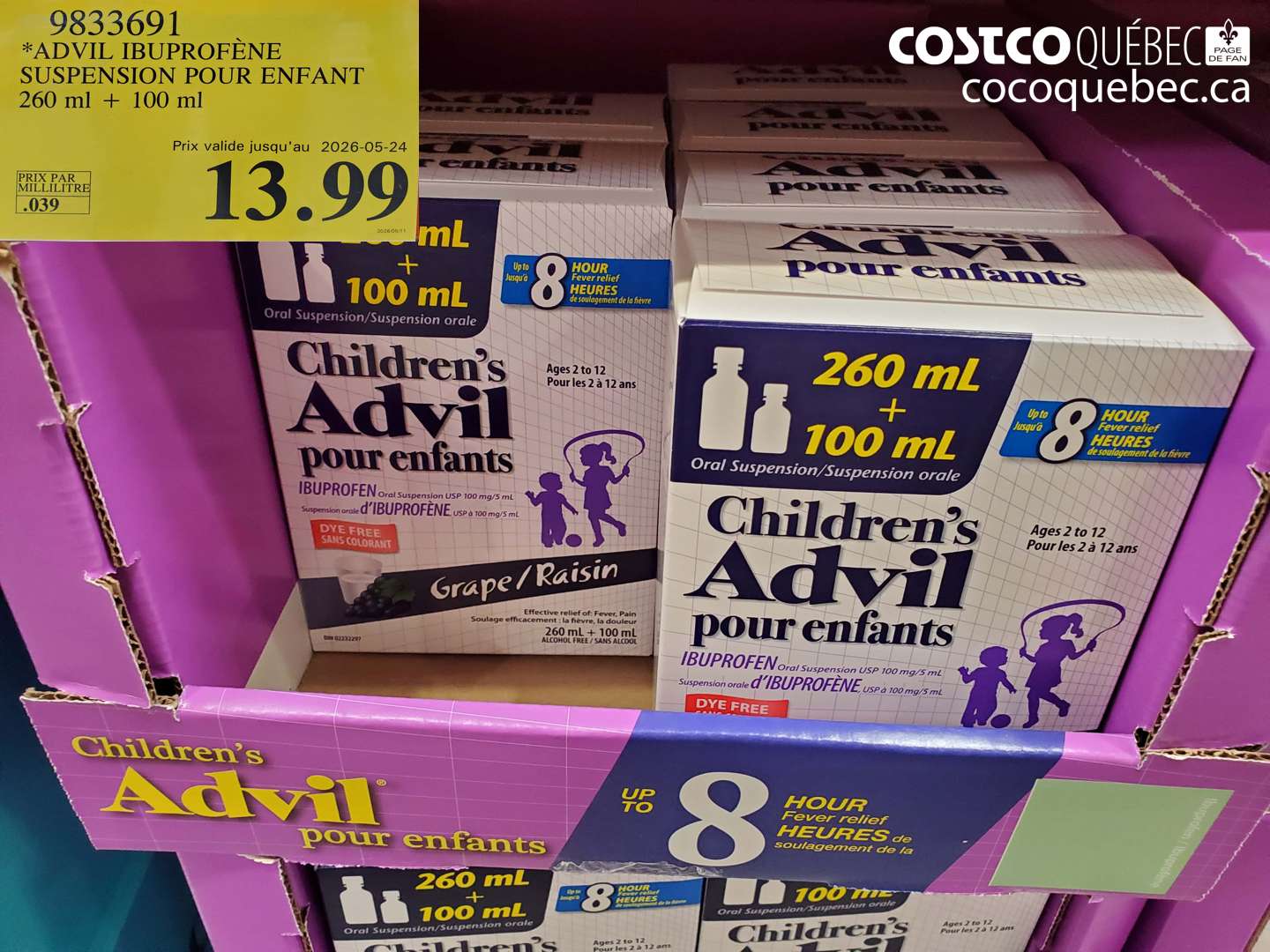 9833691 ADVIL IBUPROFÈNE SUSPENSION POUR ENFANT 260 ML + 100 ML (EXPIRES ON 2026-05-24) $13.99