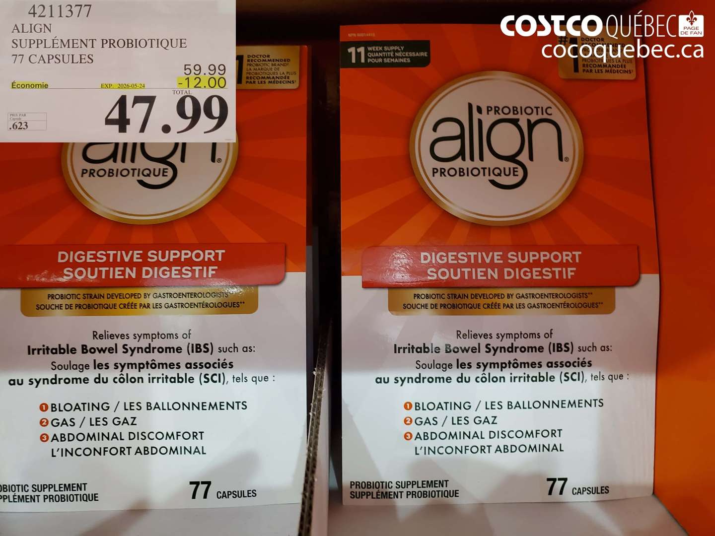 4211377 ALIGN SUPPLÉMENT PROBIOTIQUE 77 CAPSULES ($12.00 INSTANT SAVINGS EXPIRES ON 2026-05-24) $47.99
