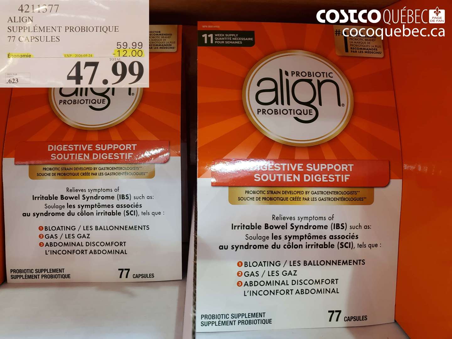 4211377 ALIGN SUPPLÉMENT PROBIOTIQUE 77 CAPSULES ($12.00 INSTANT SAVINGS EXPIRES ON 2026-05-24) $47.99