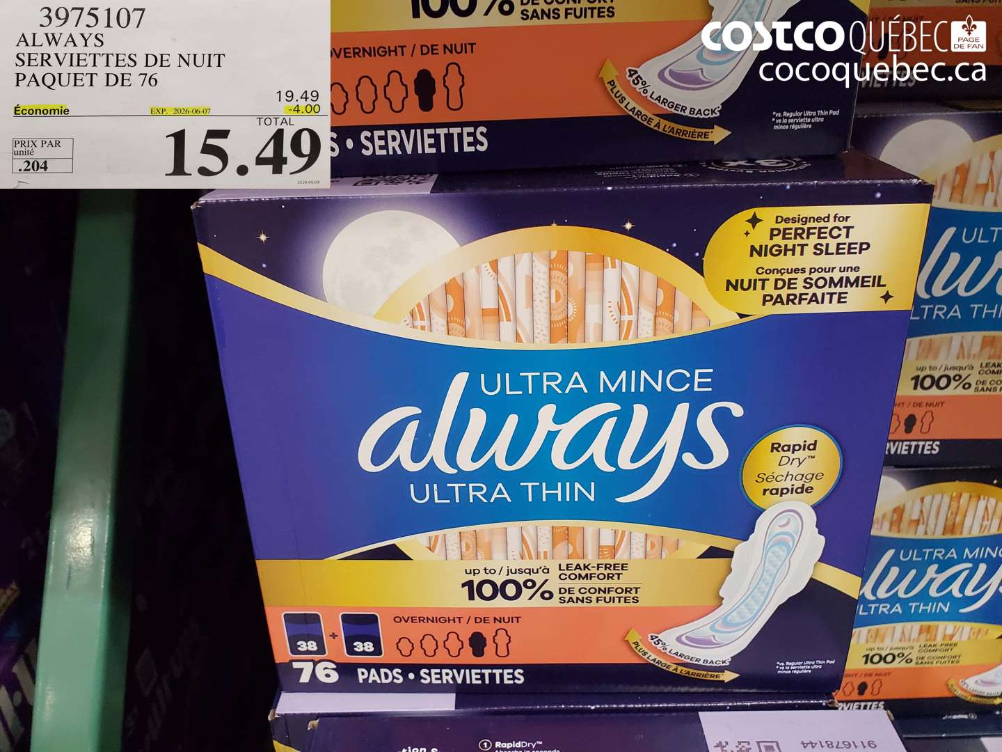 3975107 ALWAYS SERVIETTES DE NUIT PAQUET DE 76 ($4.00 INSTANT SAVINGS EXPIRES ON 2026-06-07) $15.49