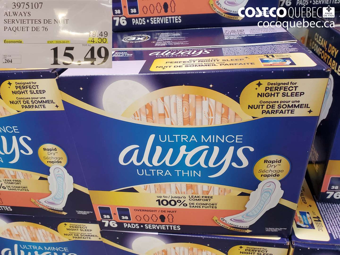 3975107 ALWAYS SERVIETTES DE NUIT PAQUET DE 76 ($4.00 INSTANT SAVINGS EXPIRES ON 2026-06-07) $15.49