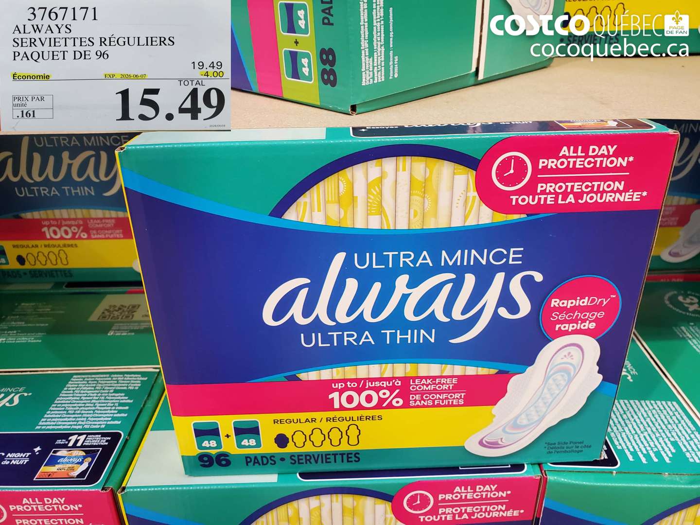 3767171 ALWAYS SERVIETTES RÉGULIERS PAQUET DE 96 ($4.00 INSTANT SAVINGS EXPIRES ON 2026-06-07) $15.49