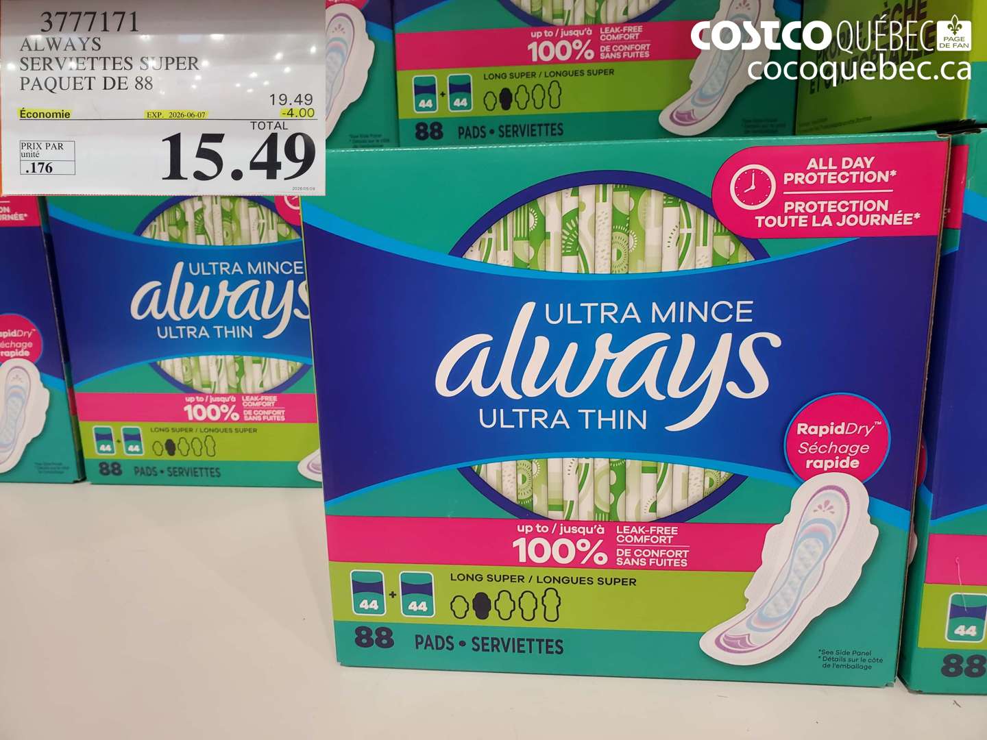 3777171 ALWAYS SERVIETTES SUPER PAQUET DE 88 ($4.00 INSTANT SAVINGS EXPIRES ON 2026-06-07) $15.49