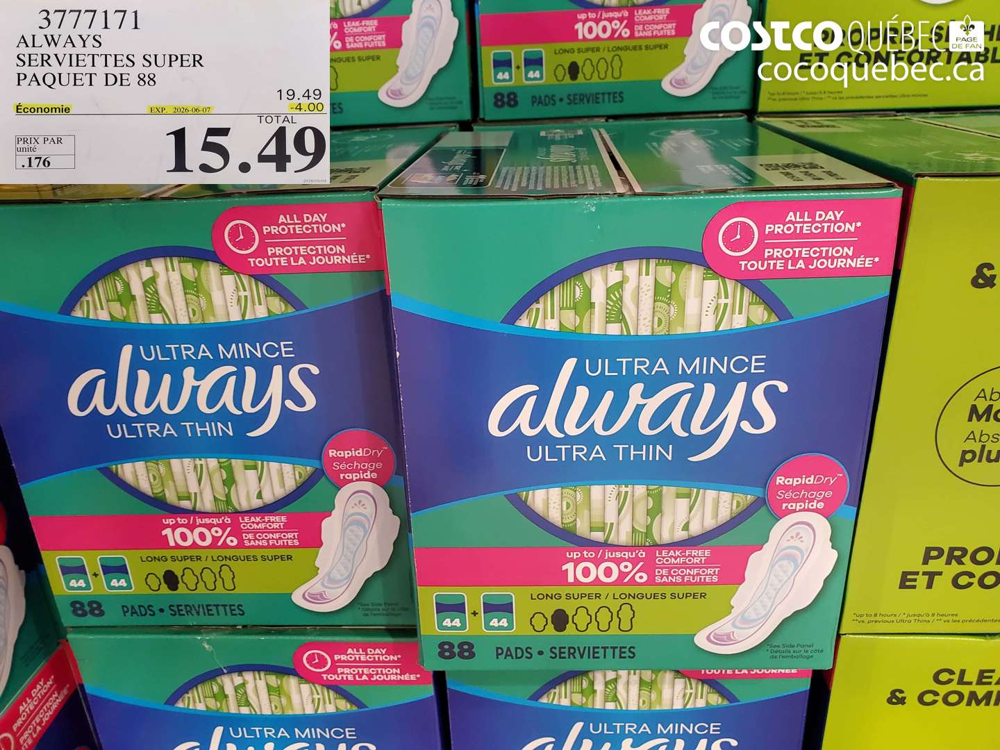 3777171 ALWAYS SERVIETTES SUPER PAQUET DE 88 ($4.00 INSTANT SAVINGS EXPIRES ON 2026-06-07) $15.49