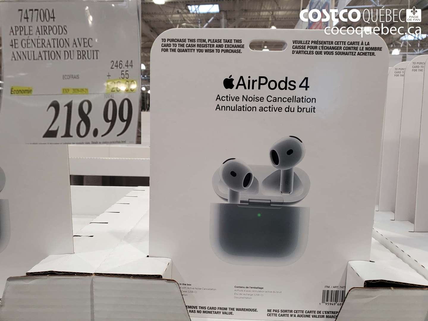 7477004 APPLE AIRPODS 4E GÉNÉRATION AVEC ANNULATION DU BRUIT $218.99