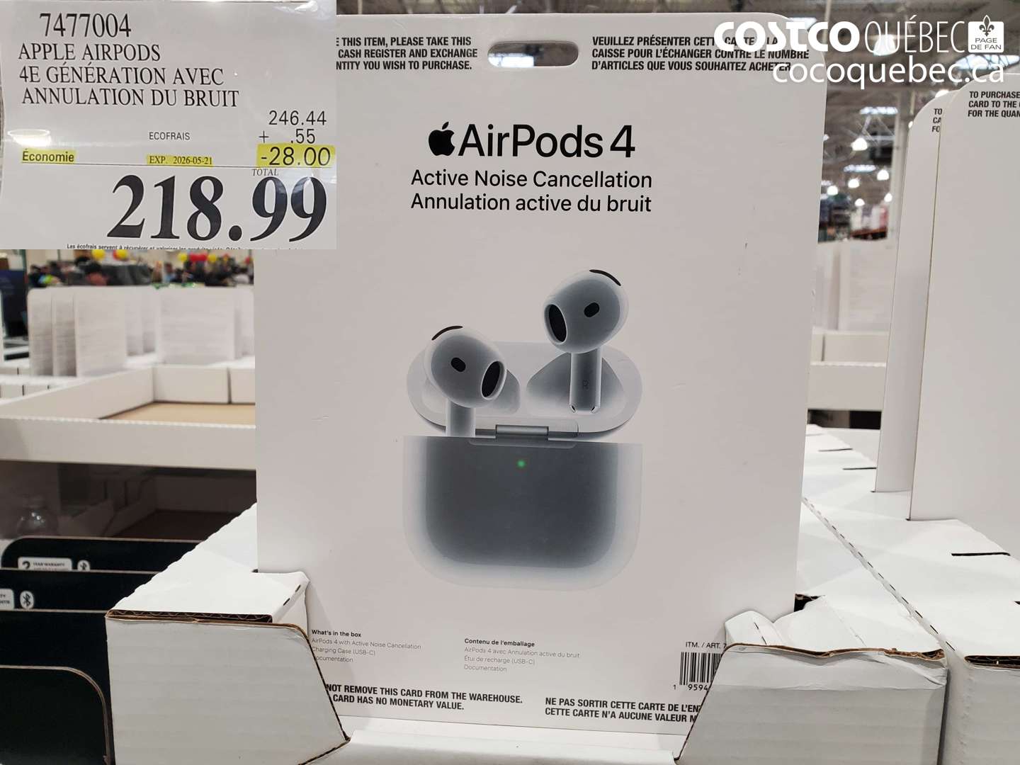 7477004 APPLE AIRPODS 4E GÉNÉRATION AVEC ANNULATION DU BRUIT ($28.00 INSTANT SAVINGS EXPIRES ON 2026-05-21) $218.99