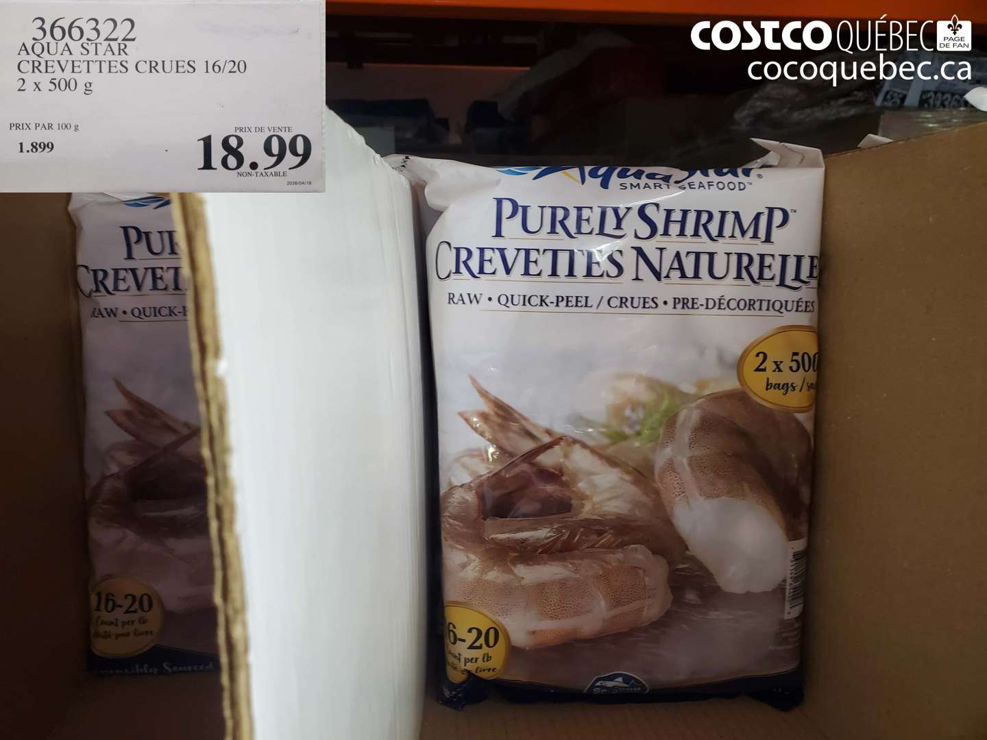 366322 AQUA STAR CREVETTES CRUES 16/20 2 X 500 G $18.99