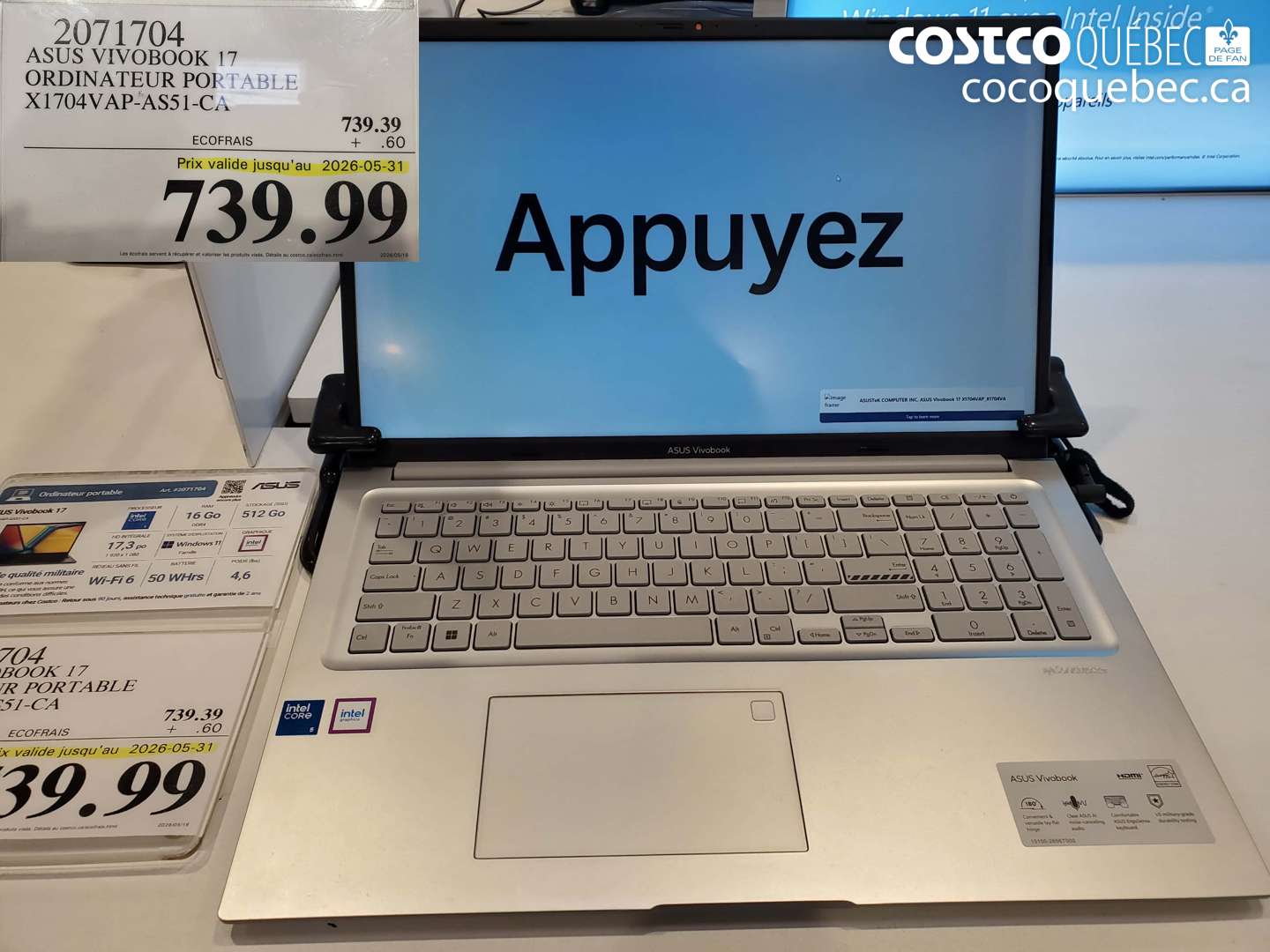 2071704 ASUS VIVOBOOK 17 ORDINATEUR PORTABLE X1704VAP-AS51-CA (EXPIRES ON 2026-05-31) $739.99