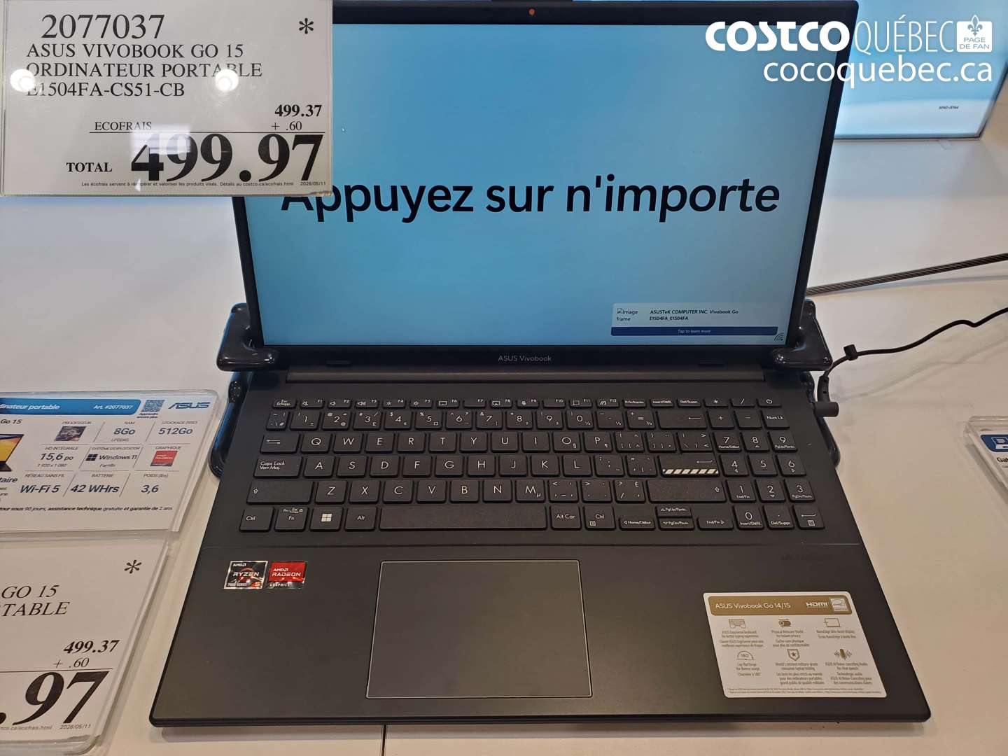 2077037 ASUS VIVOBOOK GO 15 ORDINATEUR PORTABLE E1504FA-CS51-CB $499.97