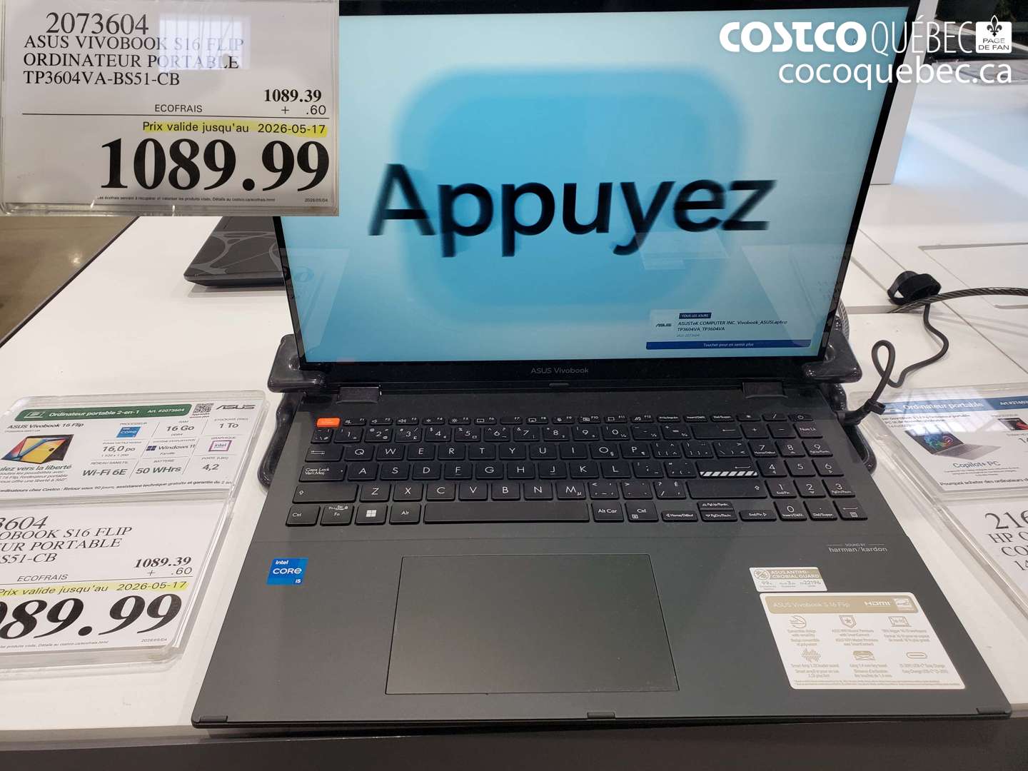 2073604 ASUS VIVOBOOK S16 FLIP ORDINATEUR PORTABLE TP3604VA-BS51-CB (EXPIRES ON 2026-05-17) $1089.99