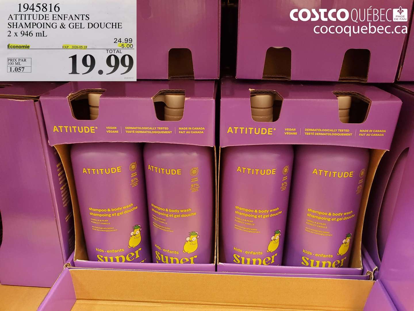 1945816 ATTITUDE ENFANTS SHAMPOING & GEL DOUCHE 2 X 946 ML ($5.00 INSTANT SAVINGS EXPIRES ON 2026-05-18) $19.99