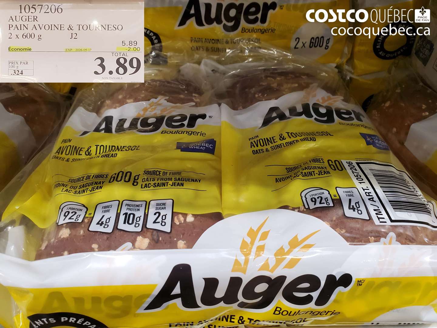 1057206 AUGER PAIN AVOINE & TOURNESO 2 X 600 G ($2.00 INSTANT SAVINGS EXPIRES ON 2026-05-17) $3.89