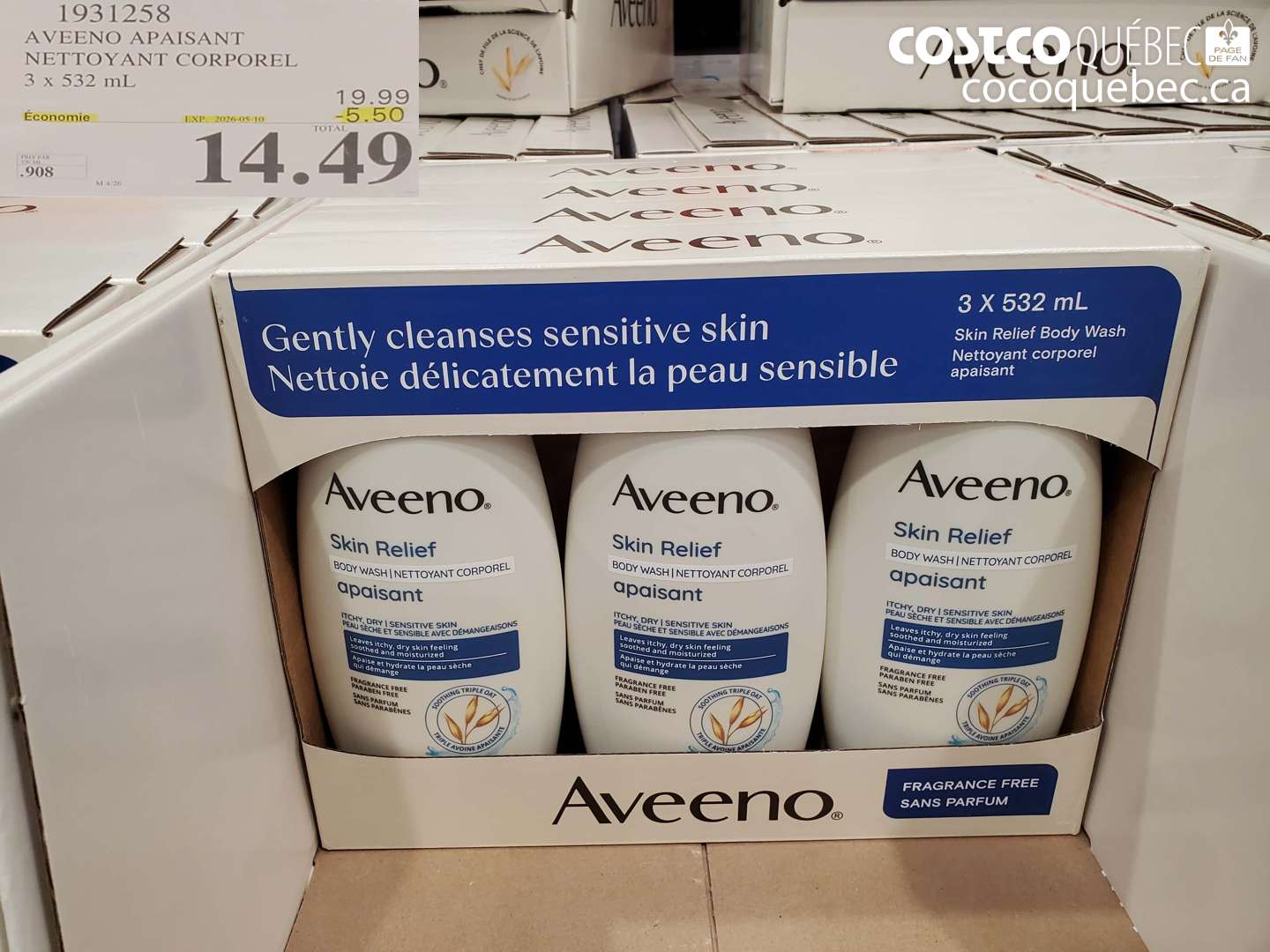 1931258 AVEENO APAISANT NETTOYANT CORPOREL 3 X 532 ML ($5.50 INSTANT SAVINGS EXPIRES ON 2026-05-10) $14.49