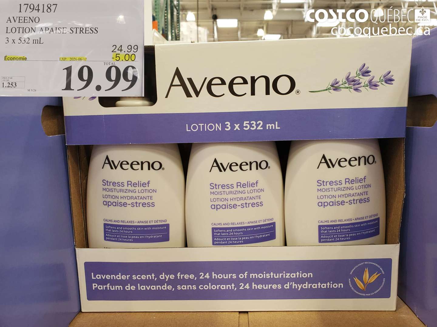 1794187 AVEENO LOTION APAISE-STRESS 3 X 532 ML ($5.00 INSTANT SAVINGS EXPIRES ON 2026-06-07) $19.99