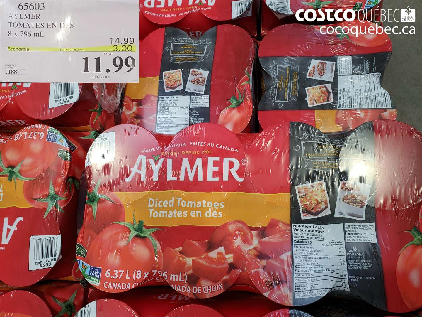 65603 AYLMER TOMATES EN DÉS 8 X 796 ML ($3.00 INSTANT SAVINGS EXPIRES ON 2026-05-31) $11.99