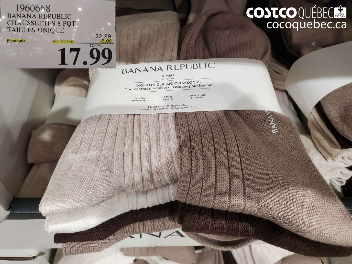 1960668 BANANA REPUBLIC CHAUSSETTES 8 PQT TAILLES UNIQUE ($5.00 INSTANT SAVINGS EXPIRES ON 2026-05-10) $17.99