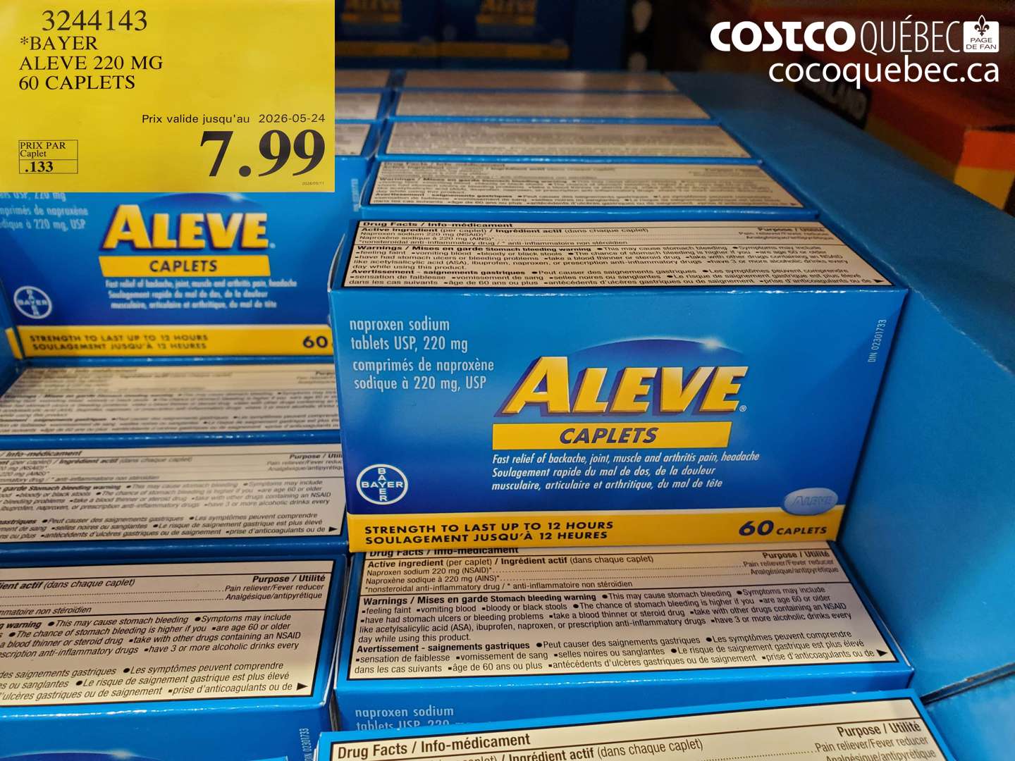 3244143 BAYER ALEVE 220 MG 60 CAPLETS (EXPIRES ON 2026-05-24) $7.99