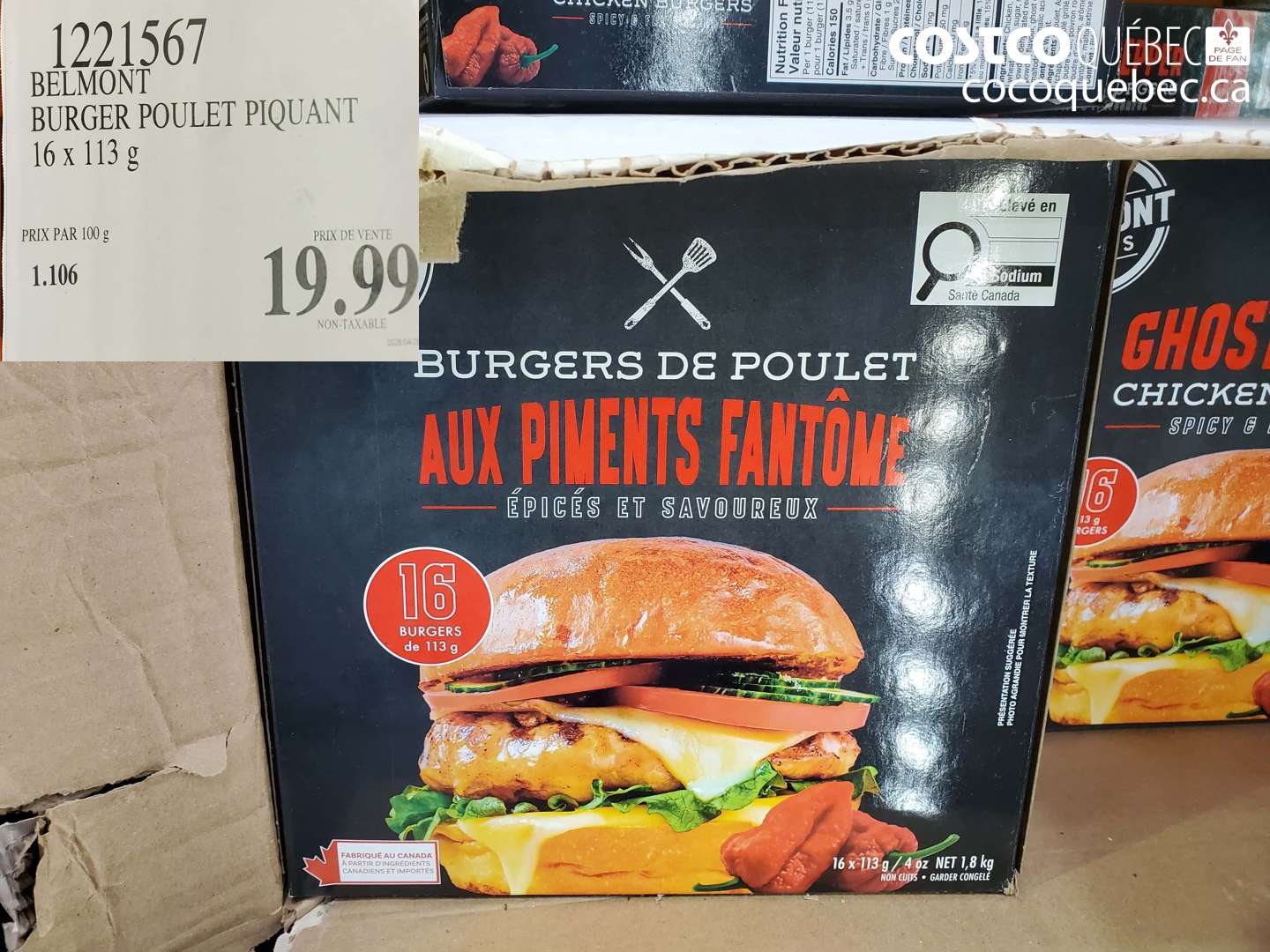 1221567 BELMONT BURGER POULET PIQUANT 16 X 113 G $19.99