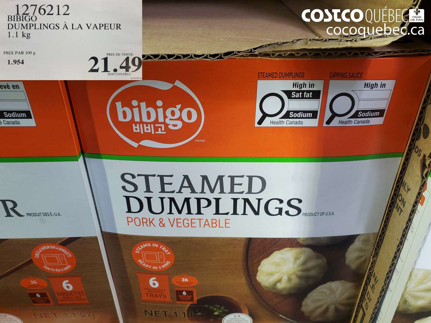 1276212 BIBIGO DUMPLINGS À LA VAPEUR 1.1 KG $21.49