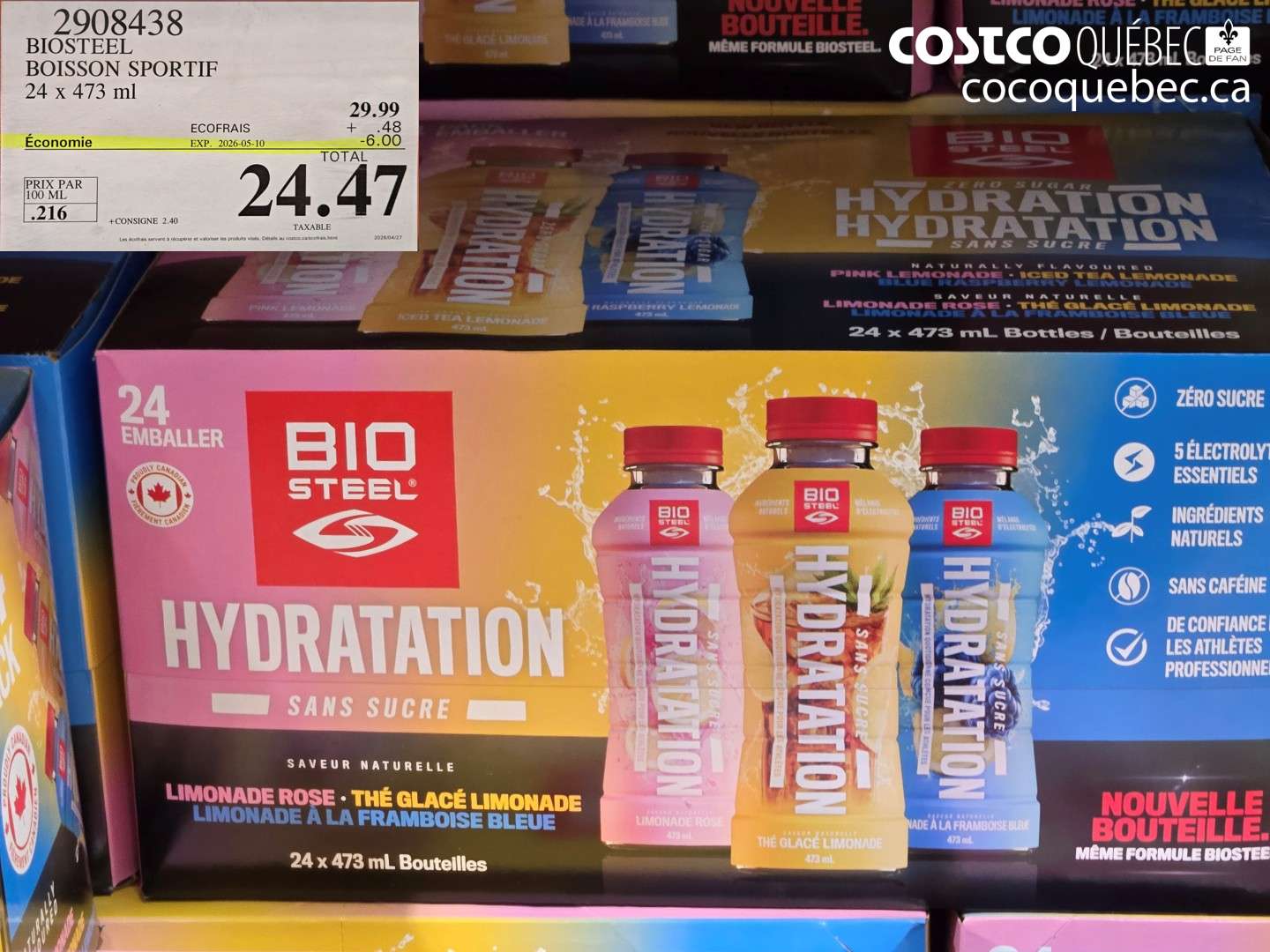 2908438 BIOSTEEL BOISSON SPORTIF 24 X 473 ML ($6.00 INSTANT SAVINGS EXPIRES ON 2026-05-10) $24.47