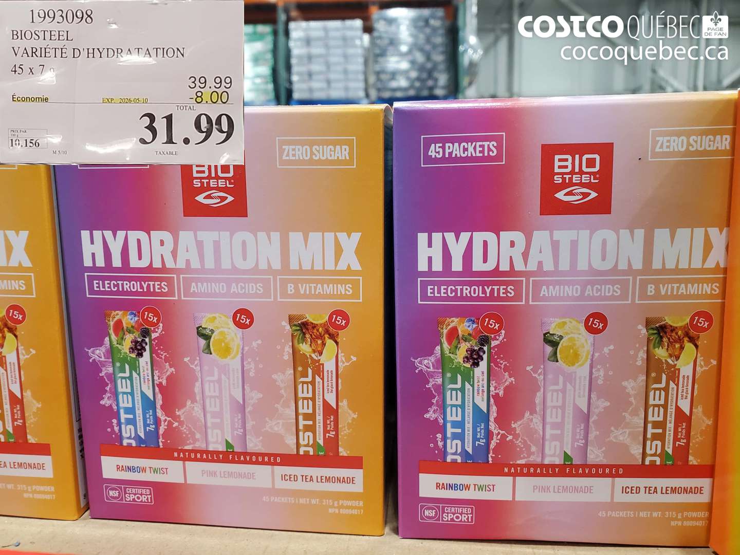 1993098 BIOSTEEL VARIÉTÉ D'HYDRATATION 45 X 7 G ($8.00 INSTANT SAVINGS EXPIRES ON 2026-05-10) $31.99