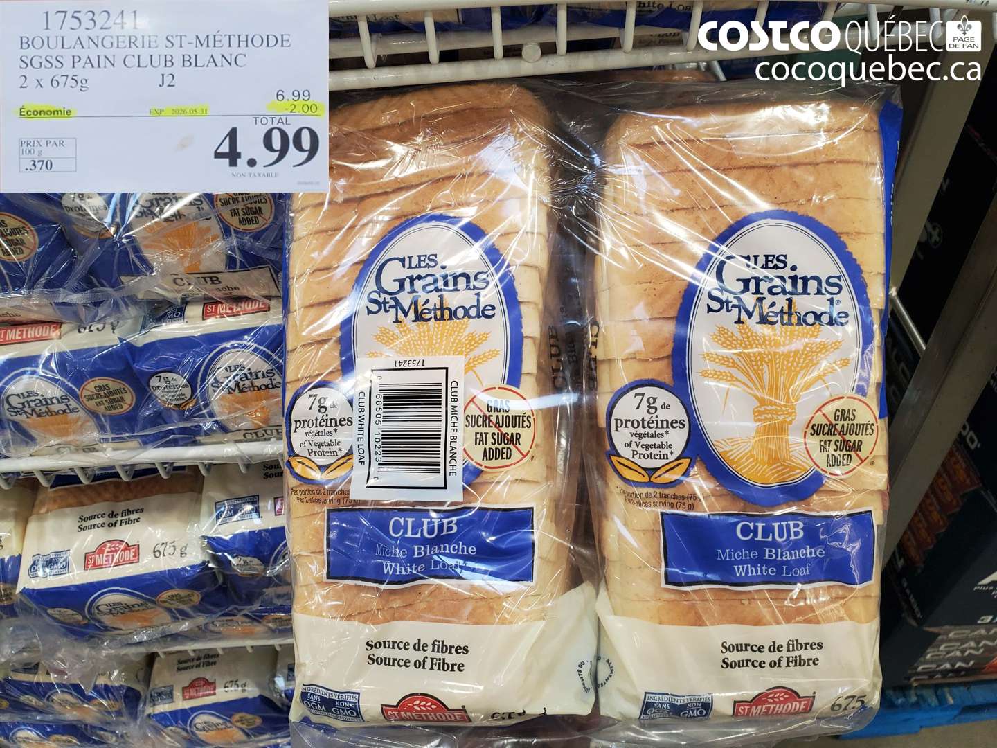 1753241 BOULANGERIE ST-METHODE SGSS PAIN CLUB BLANC 2 X 675 G ($2.00 INSTANT SAVINGS EXPIRES ON 2026-05-31) $4.99