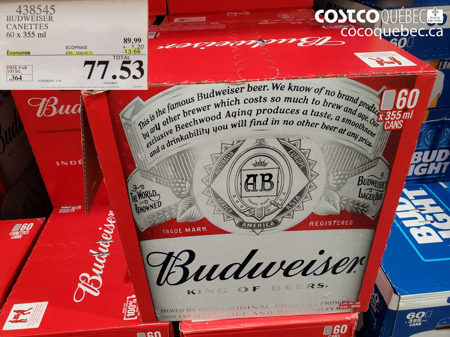 438545 BUDWEISER CANETTES 60 X 355 ML ($13.66 INSTANT SAVINGS EXPIRES ON 2026-05-13) $77.53