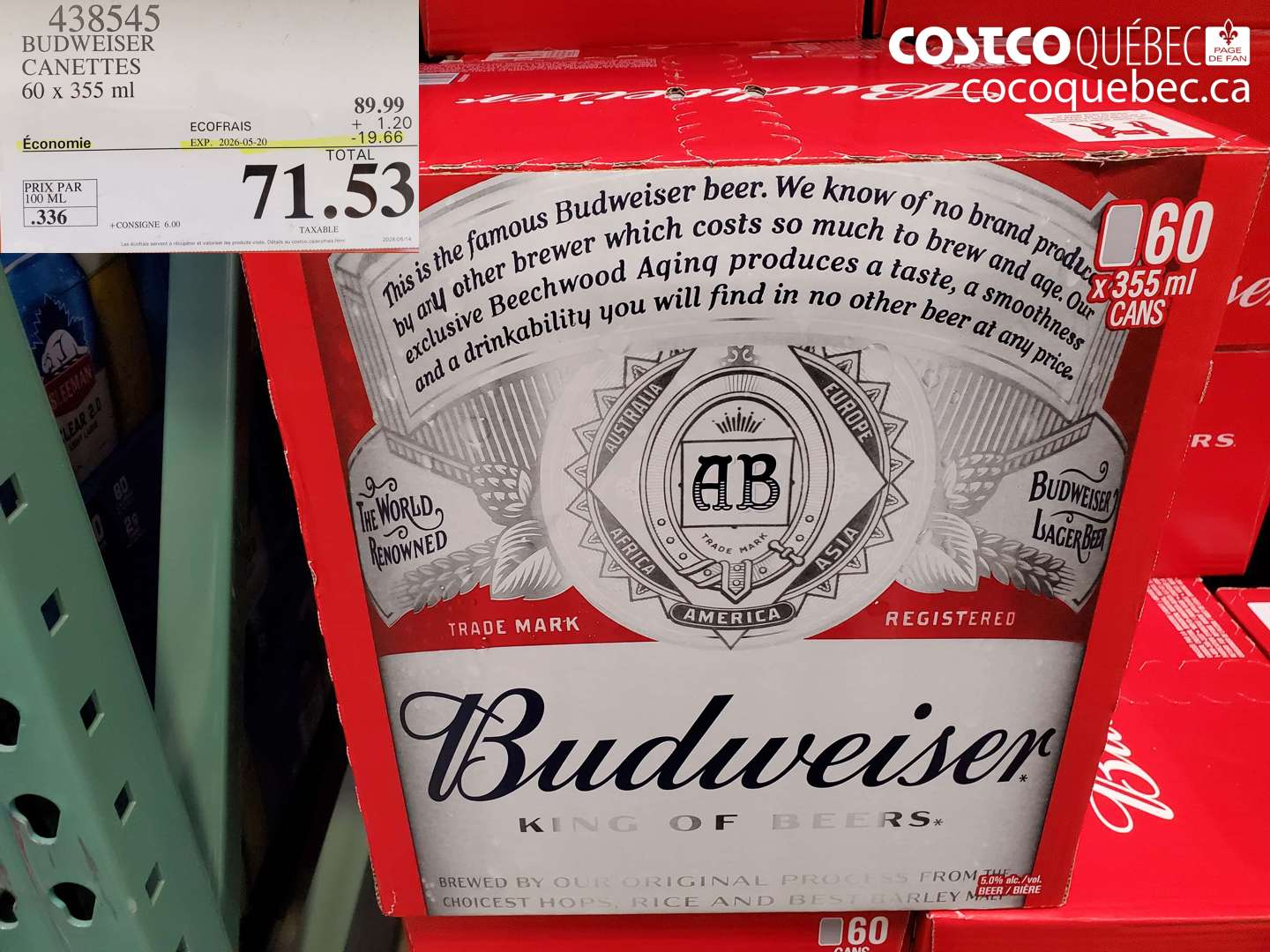 438545 BUDWEISER CANETTES 60 X 355 ML ($19.66 INSTANT SAVINGS EXPIRES ON 2026-05-20) $71.53