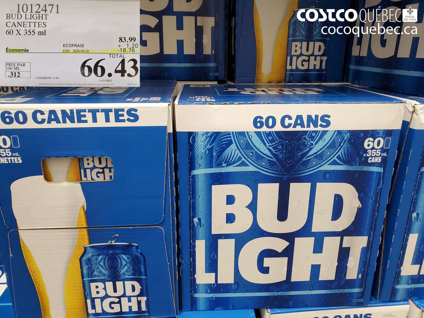 1012471 BUD LIGHT CANETTES 60 X 355 ML ($18.76 INSTANT SAVINGS EXPIRES ON 2026-05-20) $66.43