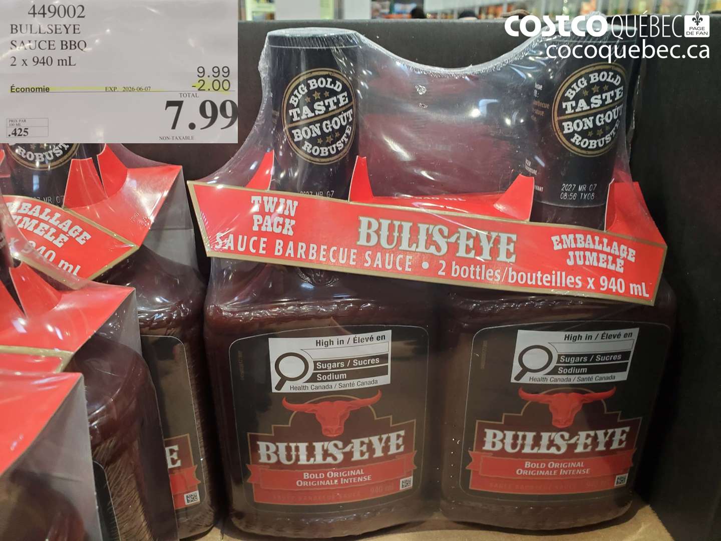 449002 BULLSEYE SAUCE BBQ 2 X 940 ML ($2.00 INSTANT SAVINGS EXPIRES ON 2026-06-07) $7.99