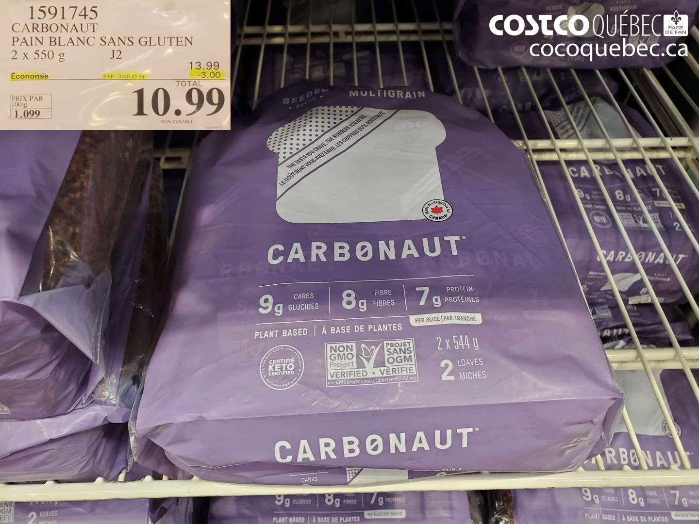 1591745 CARBONAUT PAIN BLANC SANS GLUTEN 2 X 550 G ($3.00 INSTANT SAVINGS EXPIRES ON 2026-05-24) $10.99