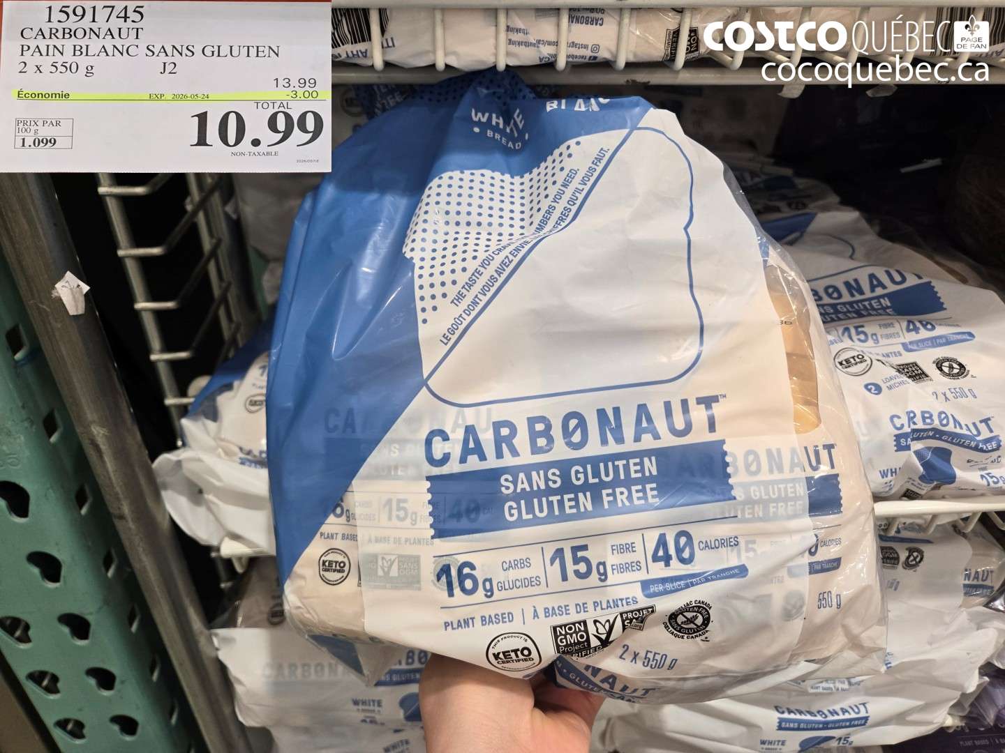 1591745 CARBONAUT PAIN BLANC SANS GLUTEN 2 X 550 G ($3.00 INSTANT SAVINGS EXPIRES ON 2026-05-24) $10.99