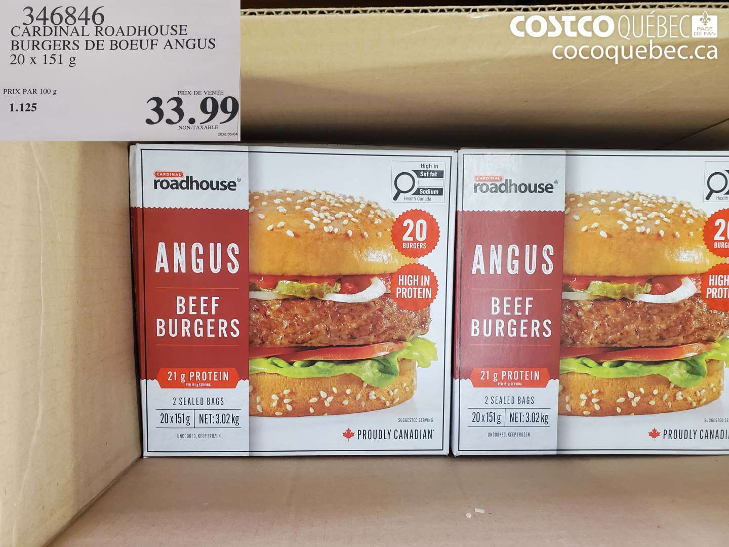346846 CARDINAL ROADHOUSE BURGERS DE BOEUF ANGUS 20 X 151 G $33.99
