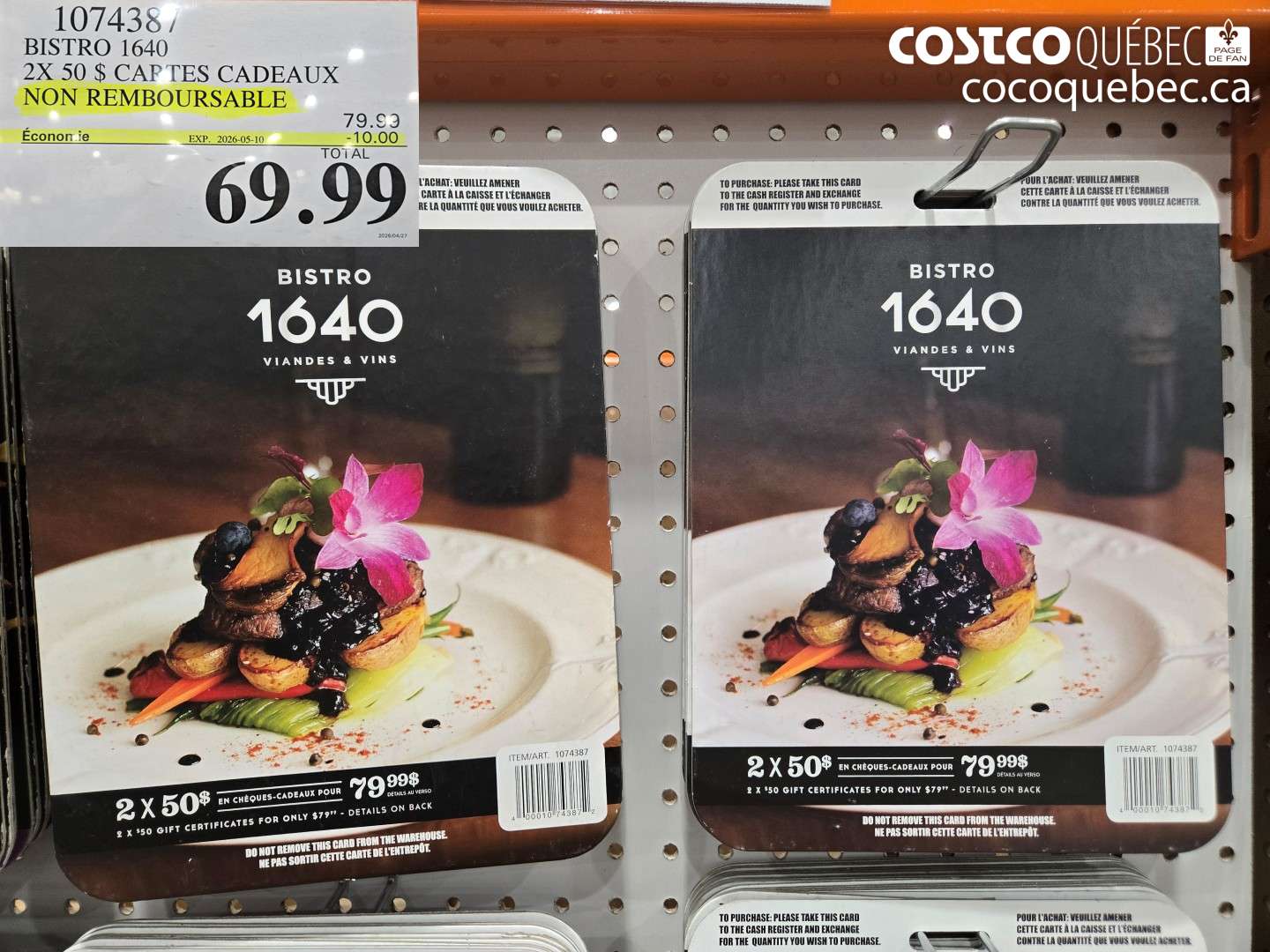 107438 CARTES CADEAUX NON REMBOURSABLE ($10.00 INSTANT SAVINGS EXPIRES ON 2026-05-10) $69.99