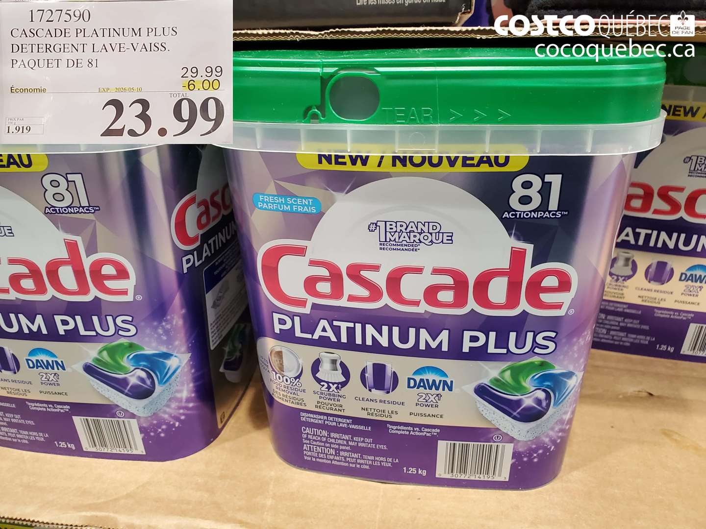 1727590 CASCADE PLATINUM PLUS DETERGENT LAVE-VAISS. PAQUET DE 81 ($6.00 INSTANT SAVINGS EXPIRES ON 2026-05-10) $23.99