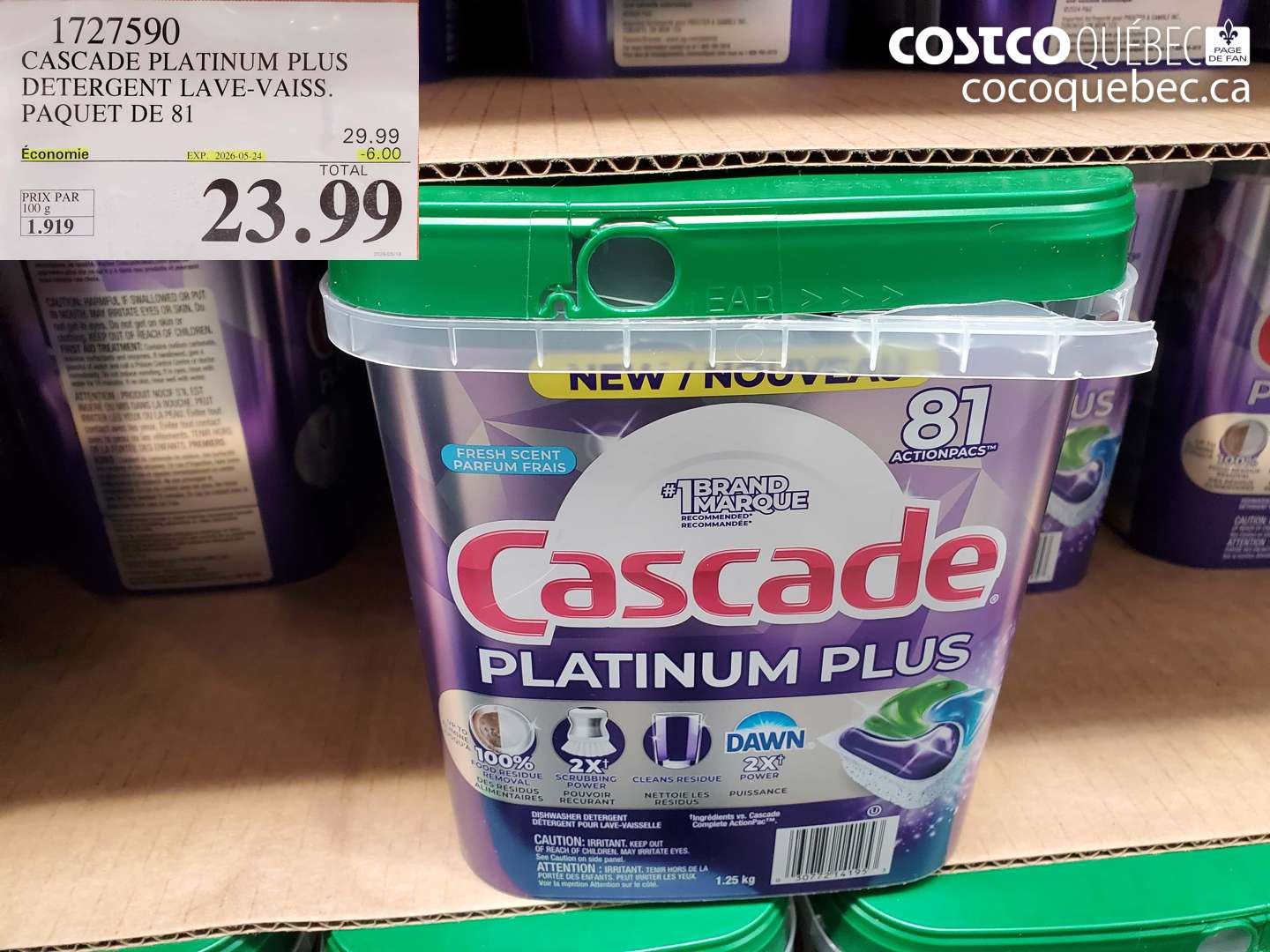 1727590 CASCADE PLATINUM PLUS DETERGENT LAVE-VAISS. PAQUET DE 81 ($6.00 INSTANT SAVINGS EXPIRES ON 2026-05-24) $23.99