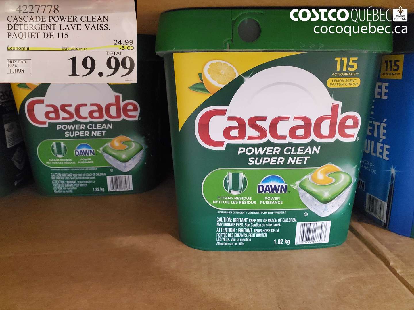 4227778 CASCADE POWER CLEAN DÉTERGENT LAVE-VAISS. PAQUET DE 115 ($5.00 INSTANT SAVINGS EXPIRES ON 2026-05-17) $19.99